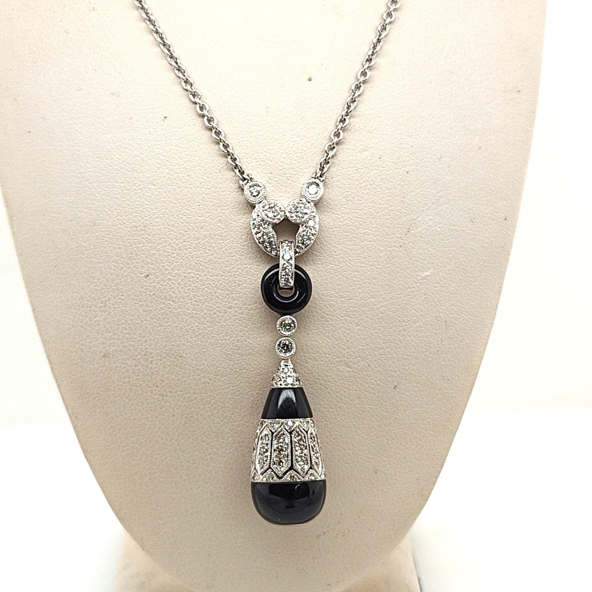 ART DECO ONYX AND DIAMOND DROP PENDANT NECKLACE WHITE GOLD