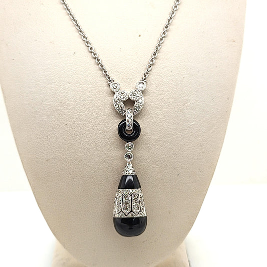 ART DECO ONYX AND DIAMOND DROP PENDANT NECKLACE WHITE GOLD