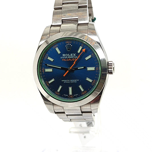 ROLEX MILGAUSS BLUE DIAL GREEN CRYSTAL STEEL OYSTER
