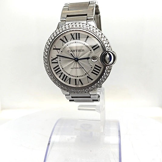 CARTIER BALLON BLEU WATCH STEEL 42MM DIAMOND BEZEL
