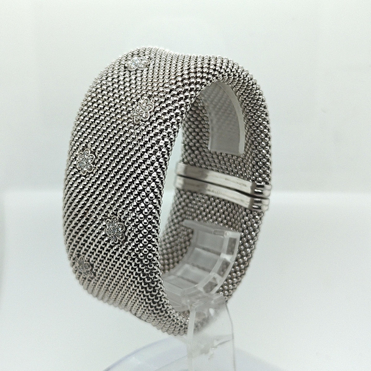 WIDE MESH FLEXIBLE WHITE GOLD BRACELET WITH DIAMONDS 1.22CTW