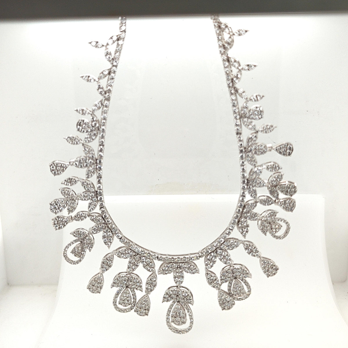 DIAMOND LEAF CASCADE DROP NECKLACE 28.55CTW WHITE GOLD