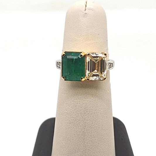 DIAMOND AND EMERALD PLATINUM AND YELLOW GOLD RING