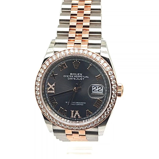 ROLEX DATEJUST ROSE GOLD AND STEEL SLATE DIAMOND DIAL DIAMOND BEZEL 36MM