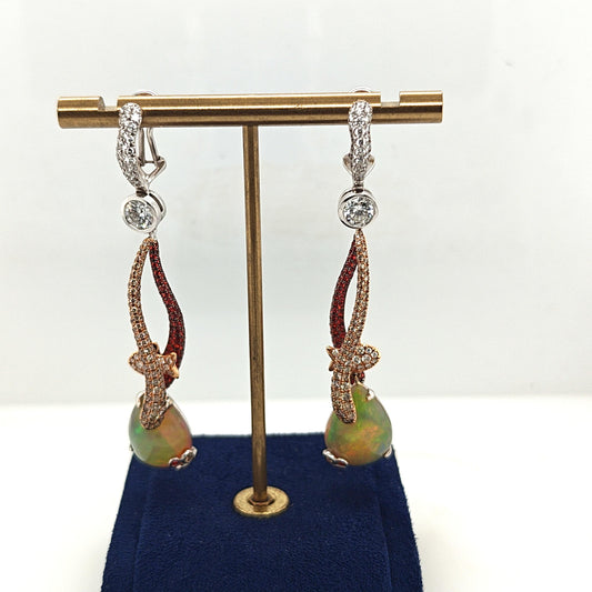 DIAMOND AND OPAL FANCY DANGLE EARRINGS TWO TONE GOLD