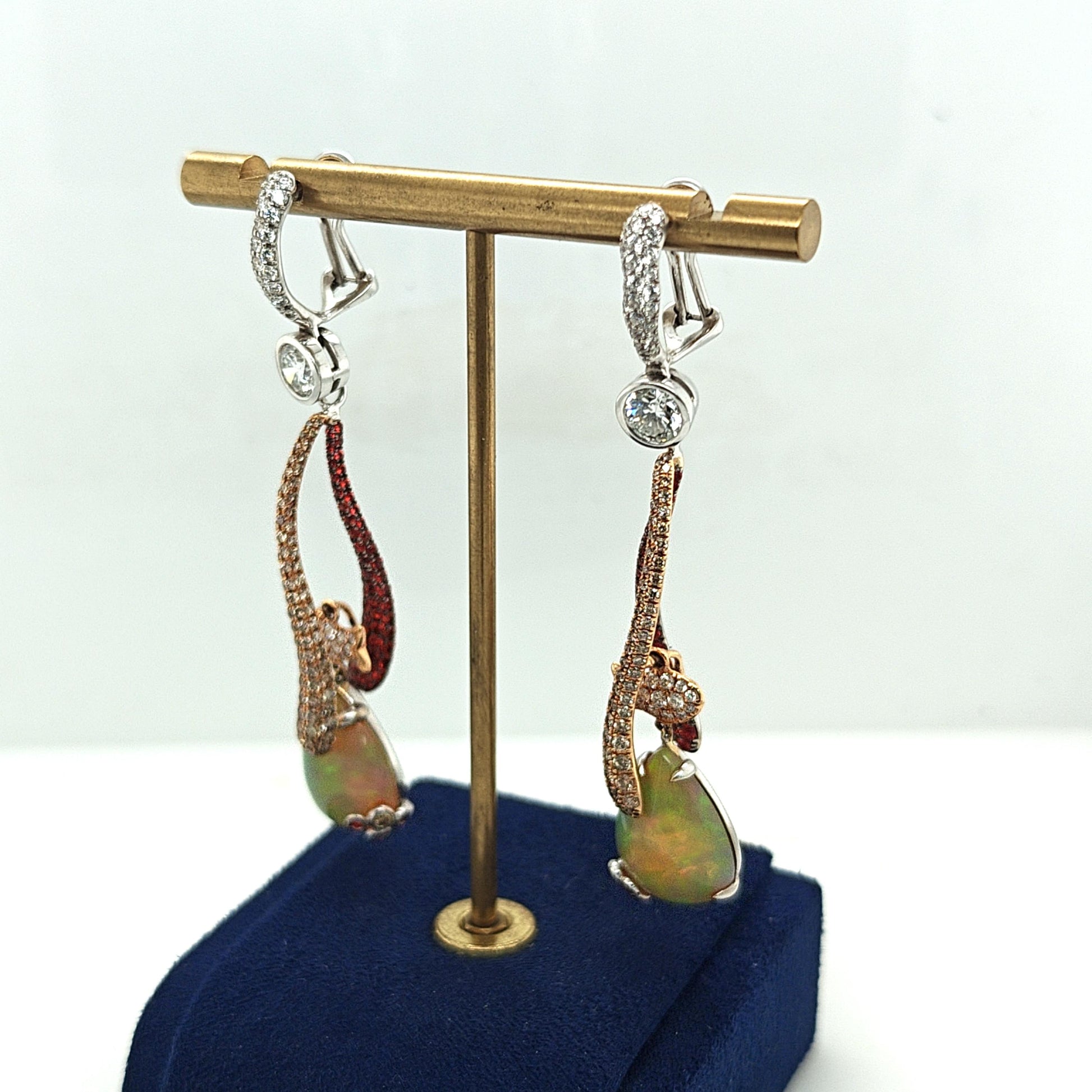 DIAMOND AND OPAL FANCY DANGLE EARRINGS TWO TONE GOLD