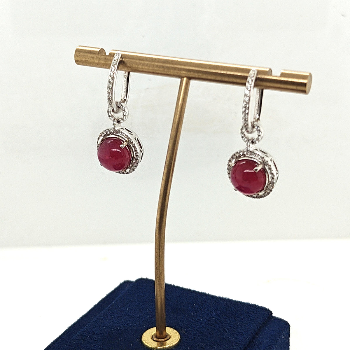 CABOCHON RUBY AND DIAMOND DANGLE EARRINGS WHITE GOLD
