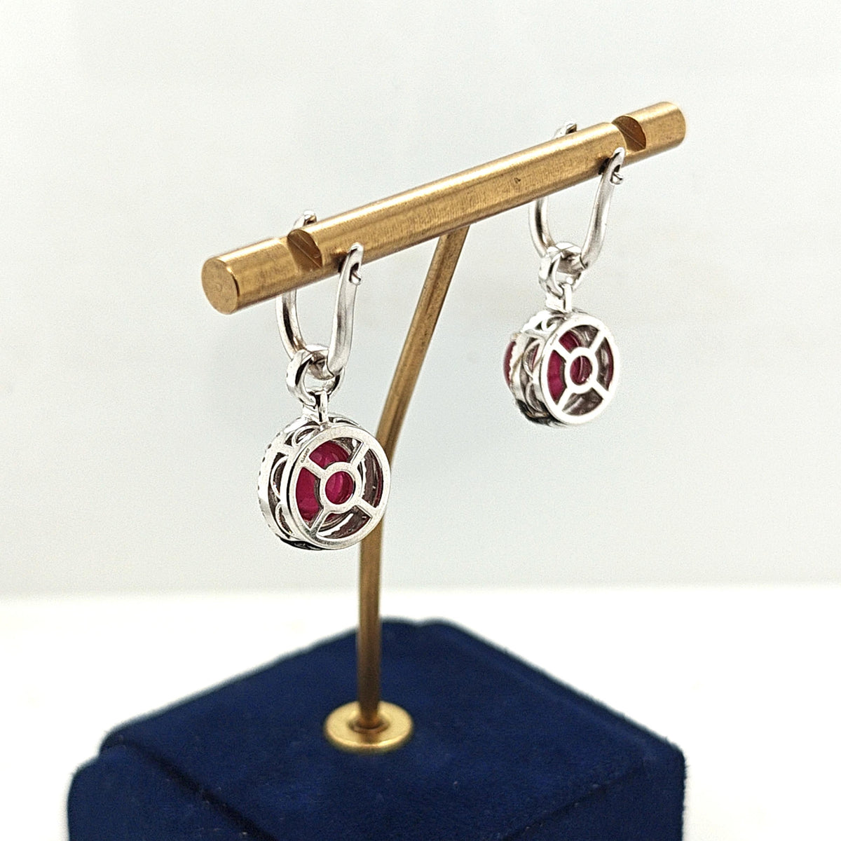 CABOCHON RUBY AND DIAMOND DANGLE EARRINGS WHITE GOLD