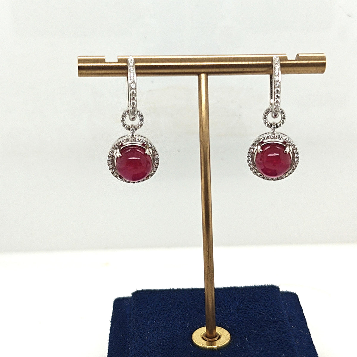 CABOCHON RUBY AND DIAMOND DANGLE EARRINGS WHITE GOLD