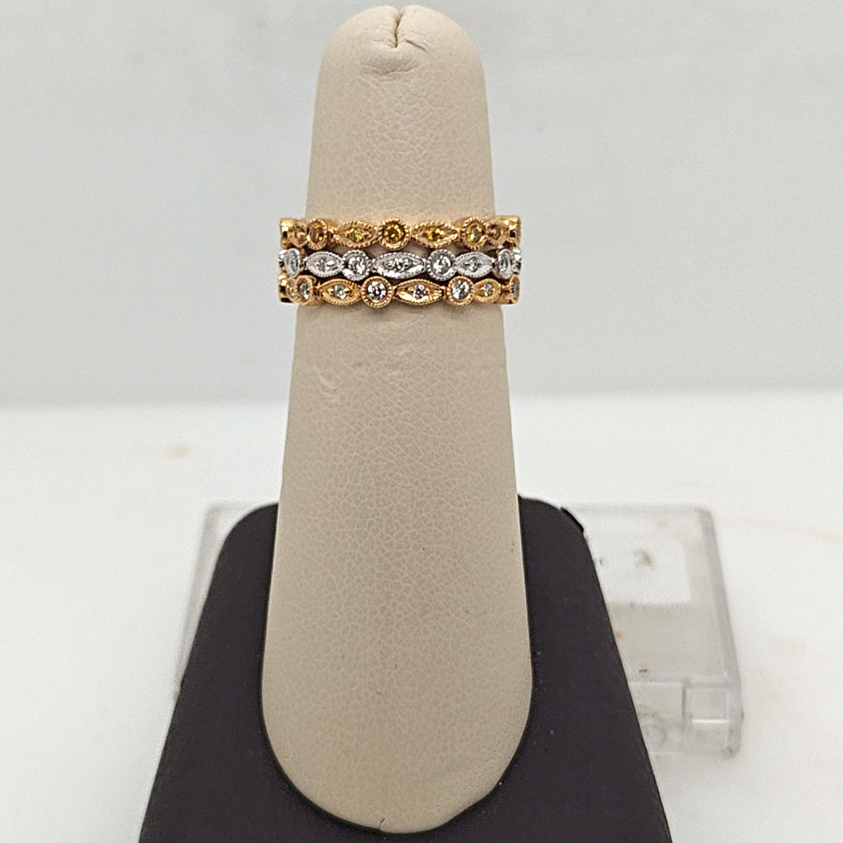 THREE THIN STACKABLE DIAMOND ETERNITY BAND RINGS TRI GOLD