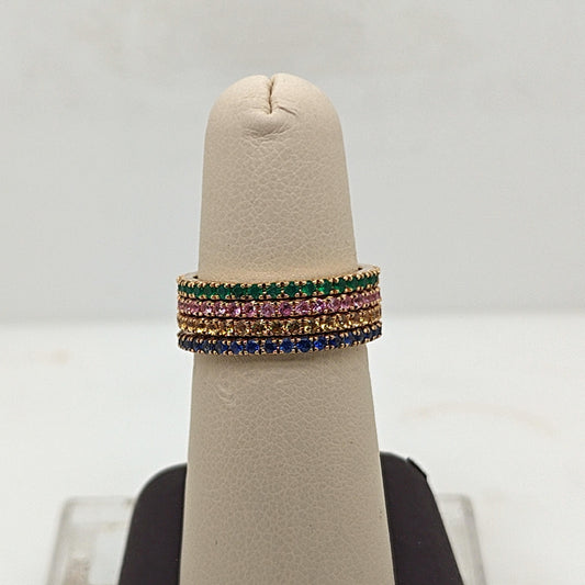 FOUR EMERALD AND SAPPHIRE STACKABLE ETERNITY BAND RINGS YELLOW GOLD