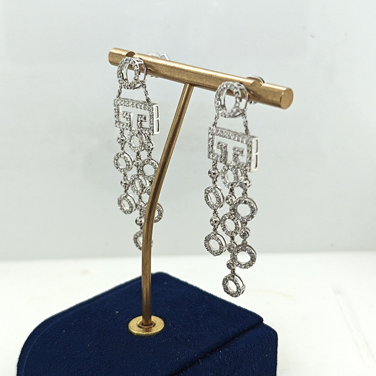 DIAMOND ART DECO GEOMETRIC CASCADING DANGLE EARRINGS WHITE GOLD