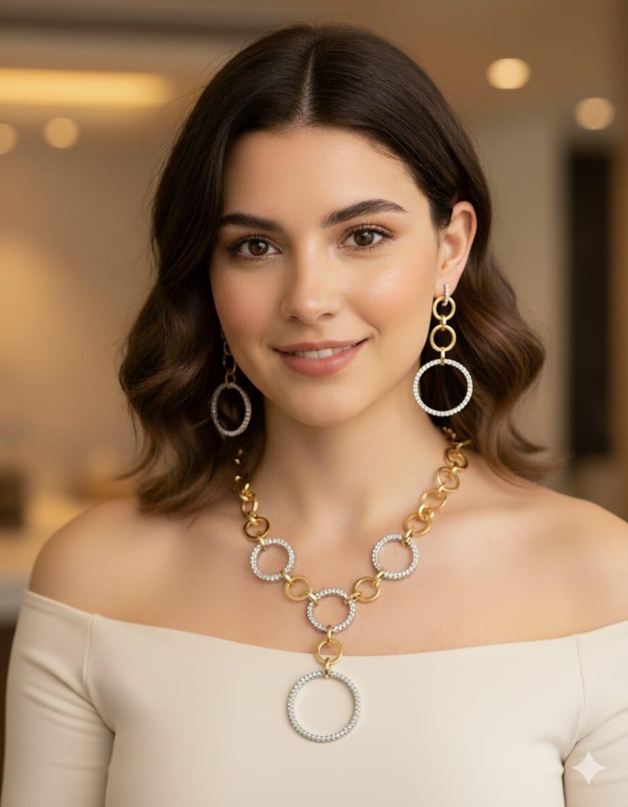 DIAMOND DANGLE EARRINGS CIRCLES TWO TONE GOLD
