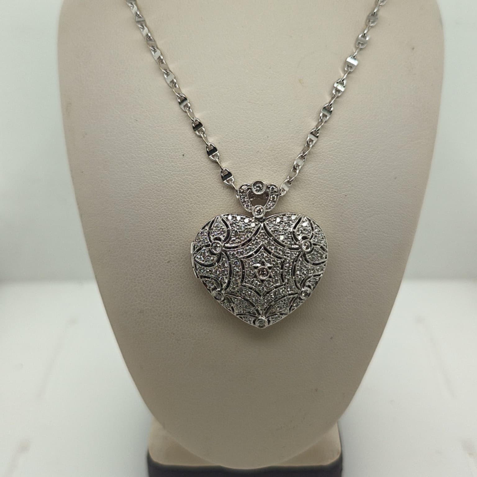 HEART SHAPE DIAMOND PENDANT LOCKET NECKLACE 1.05CTW WHITE GOLD