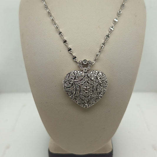 HEART SHAPE DIAMOND PENDANT LOCKET NECKLACE 1.05CTW WHITE GOLD