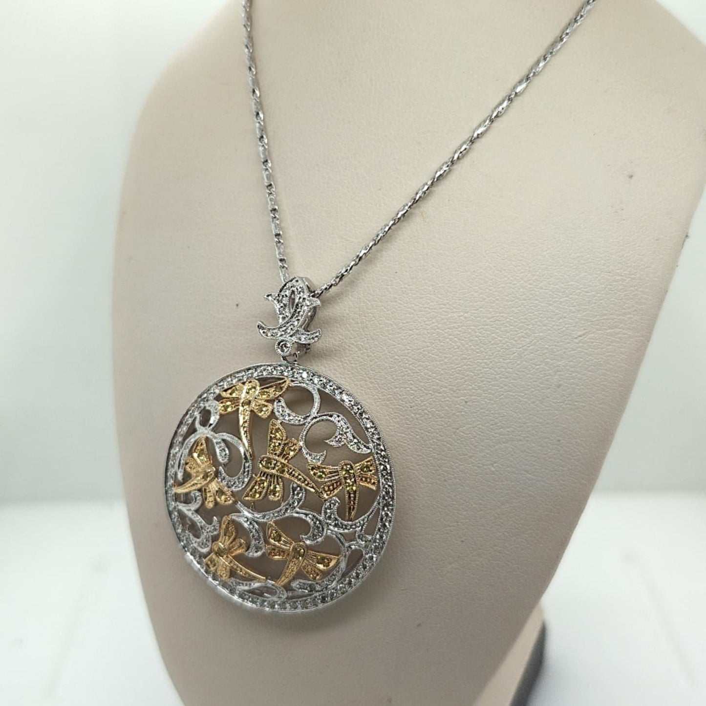 DIAMOND PENDANT NECKLACE FILIGREE 1.22CTW CIRCLE NATURE TWO TONE GOLD