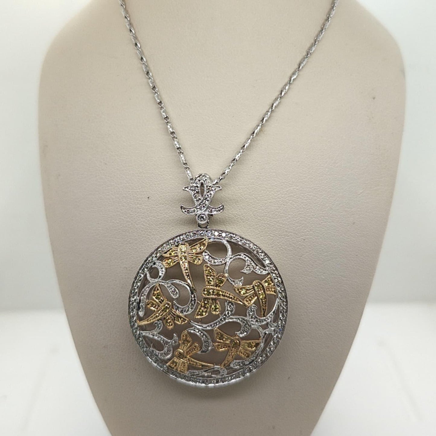 DIAMOND PENDANT NECKLACE FILIGREE 1.22CTW CIRCLE NATURE TWO TONE GOLD