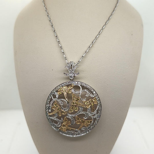 DIAMOND PENDANT NECKLACE FILIGREE 1.22CTW CIRCLE NATURE TWO TONE GOLD