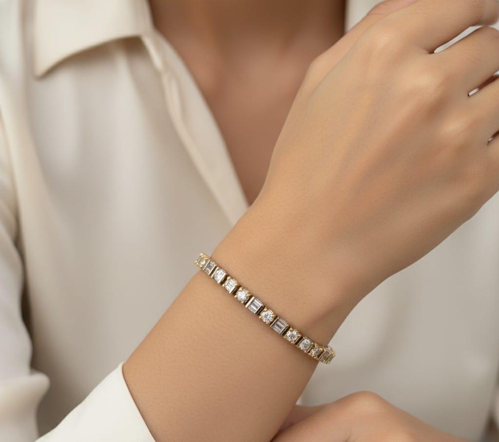 DIAMOND TENNIS BRACELET BAGUETTE AND ROUND 7.12CTW TWO TONE GOLD