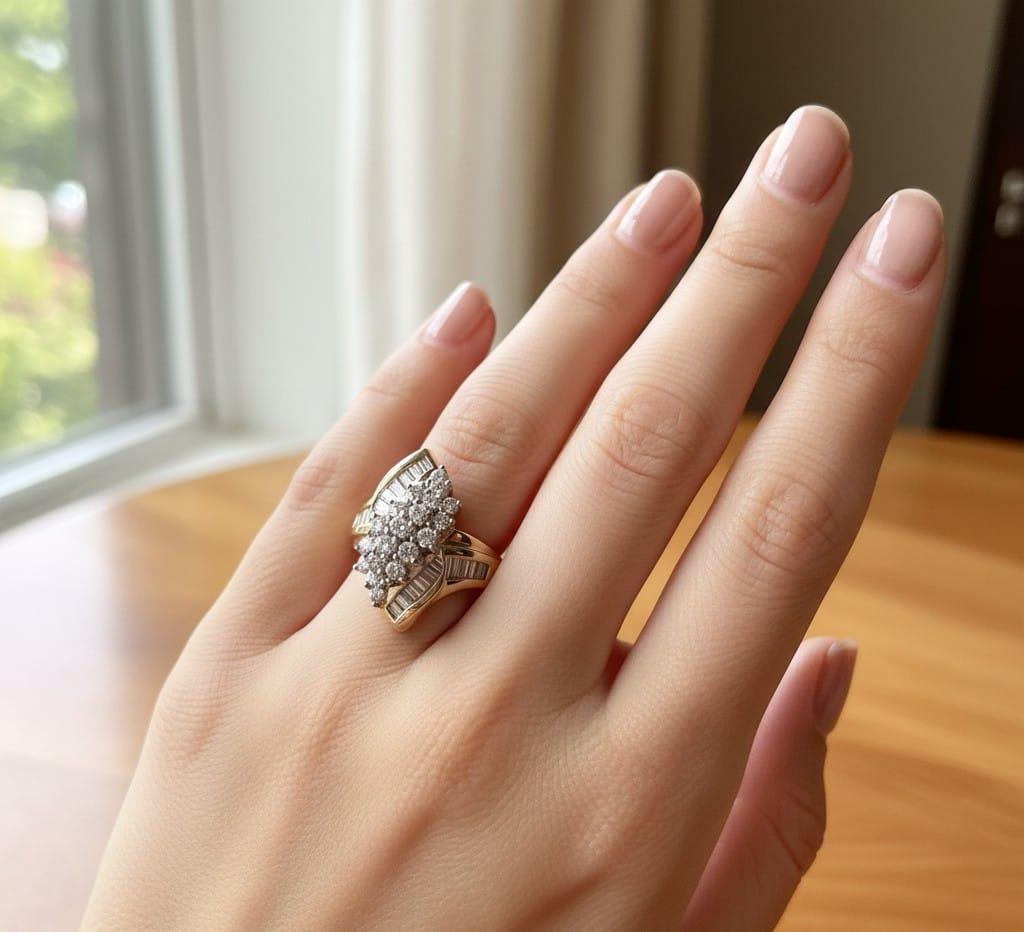 DIAMOND CLUSTER RING ROUND AND BAGUETTE 2.15CTW YELLOW GOLD