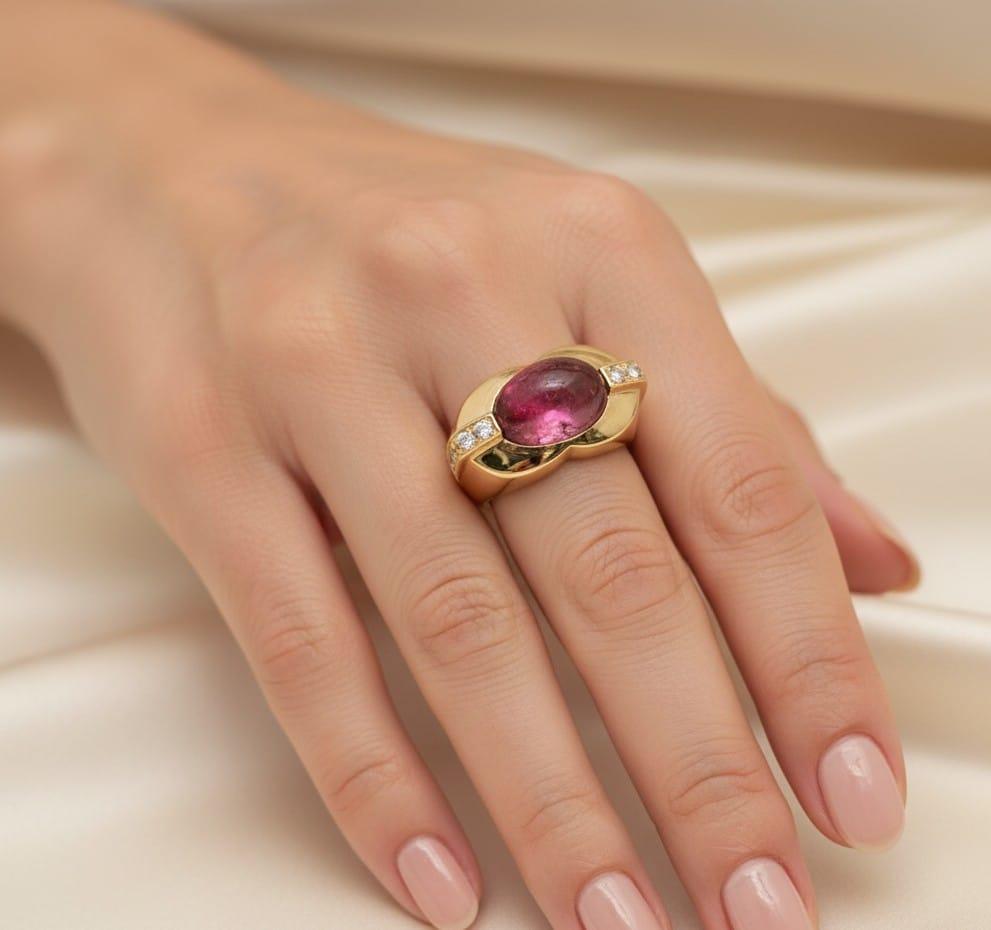 PINK CABOCHON AND DIAMOND RING YELLOW GOLD