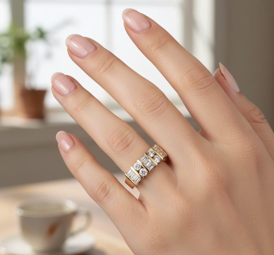 DIAMOND BAGUETTE AND ROUND BAND RING 1.41CTW YELLOW GOLD