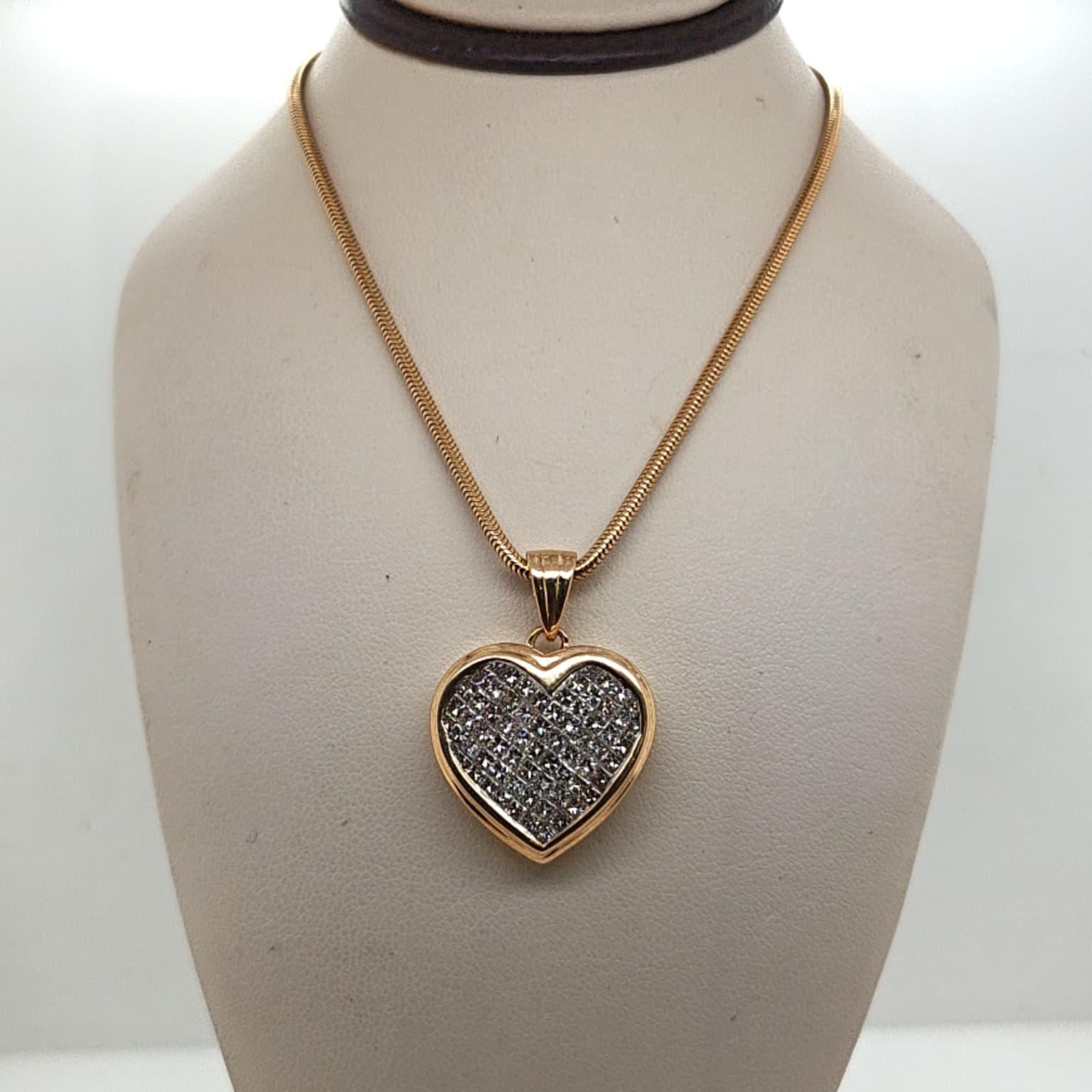 DIAMOND HEART SHAPE PENDANT NECKLACE INVISIBLE SET 3.07CTW YELLOW GOLD