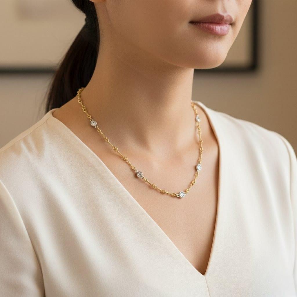 DIAMOND BY THE YARD NECKLACE YELLOW GOLD WITH WHITE GOLD BEZELS