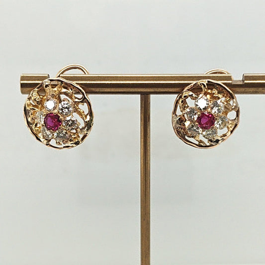 DIAMOND AND RUBY CLUSTER ESTATE EARRINGS YELLOW GOLD
