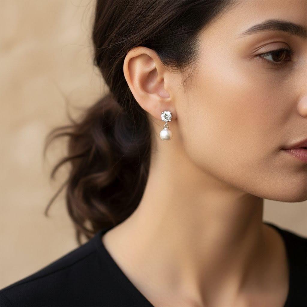 DIAMOND AND PEARL DANGLE EARRINGS 0.65CTW WHITE GOLD