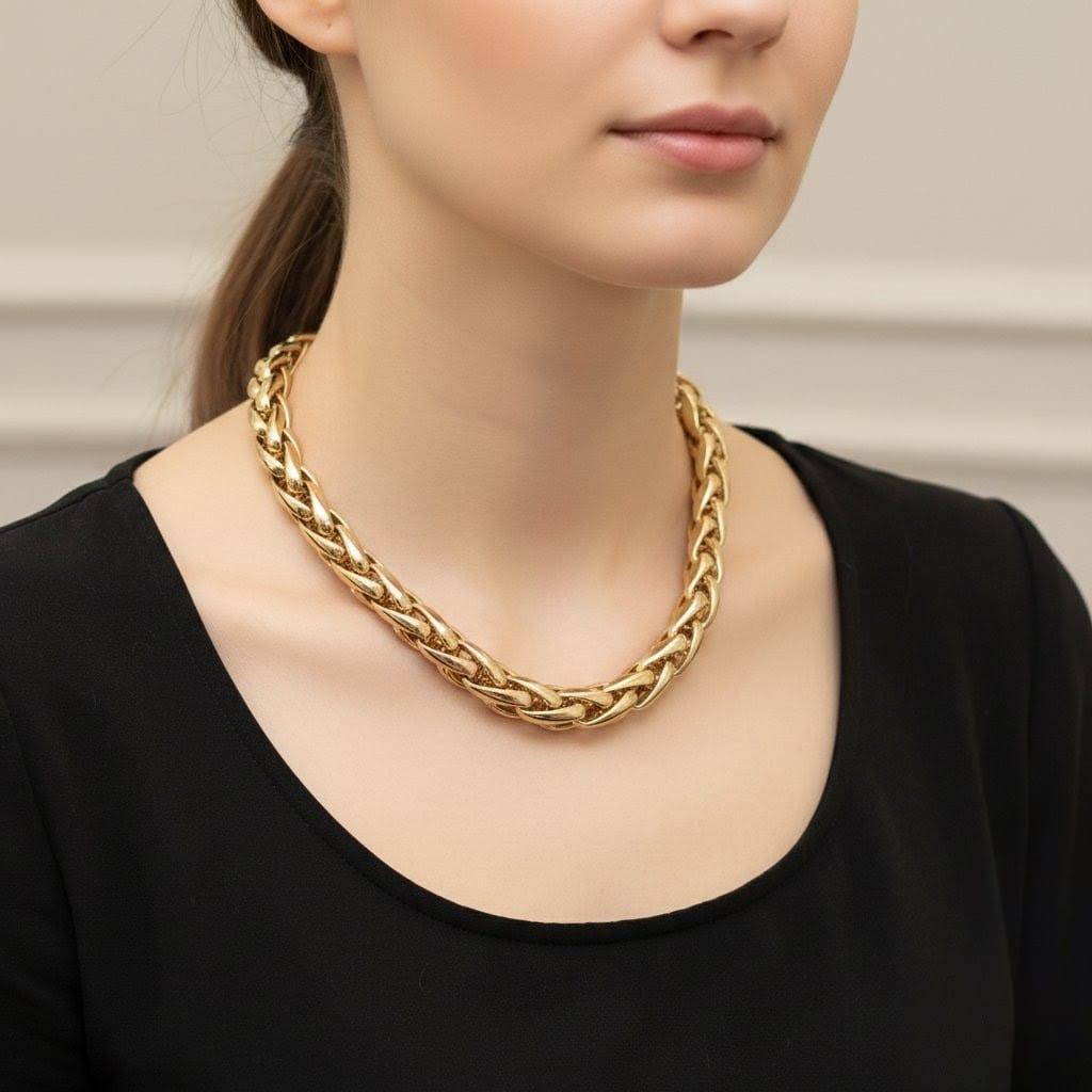 FANCY WIDE LINK LADIES NECKLACE YELLOW GOLD