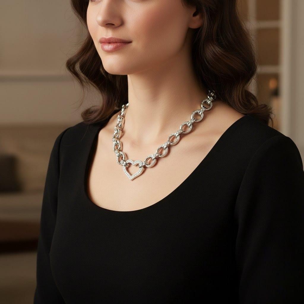 DIAMOND LINK NECKLACE 5CT HEART DESIGN WHITE GOLD