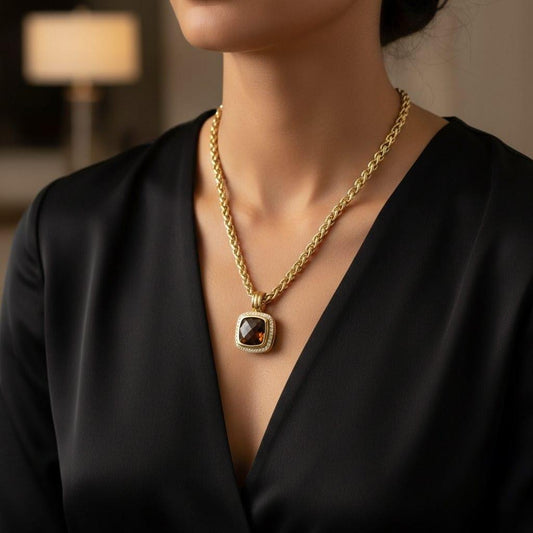 DAVID YURMAN DIAMOND AND ALBION SMOKY QUARTZ  PENDANT NECKLACE YELLOW GOLD