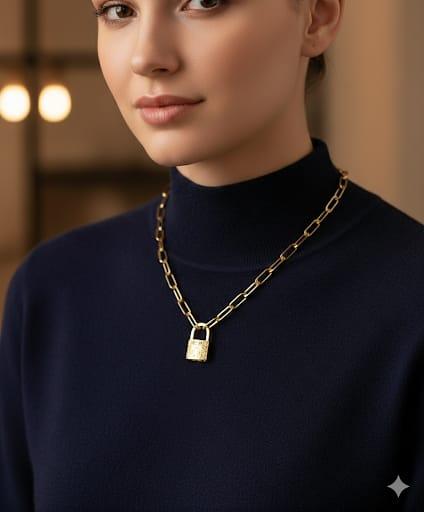 PAPERCLIP LIGHT NECKLACE WITH PADLOCK CLASP YELLOW GOLD