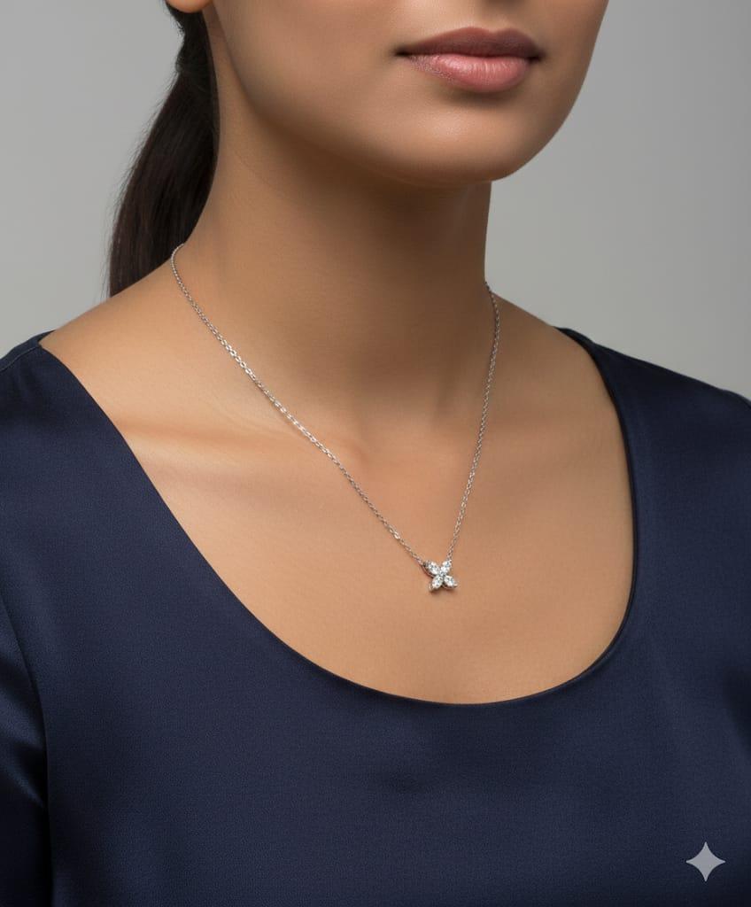 DIAMOND PENDANT NECKLACE QUATREFOIL BLOSSOM 0.44CTW WHITE GOLD