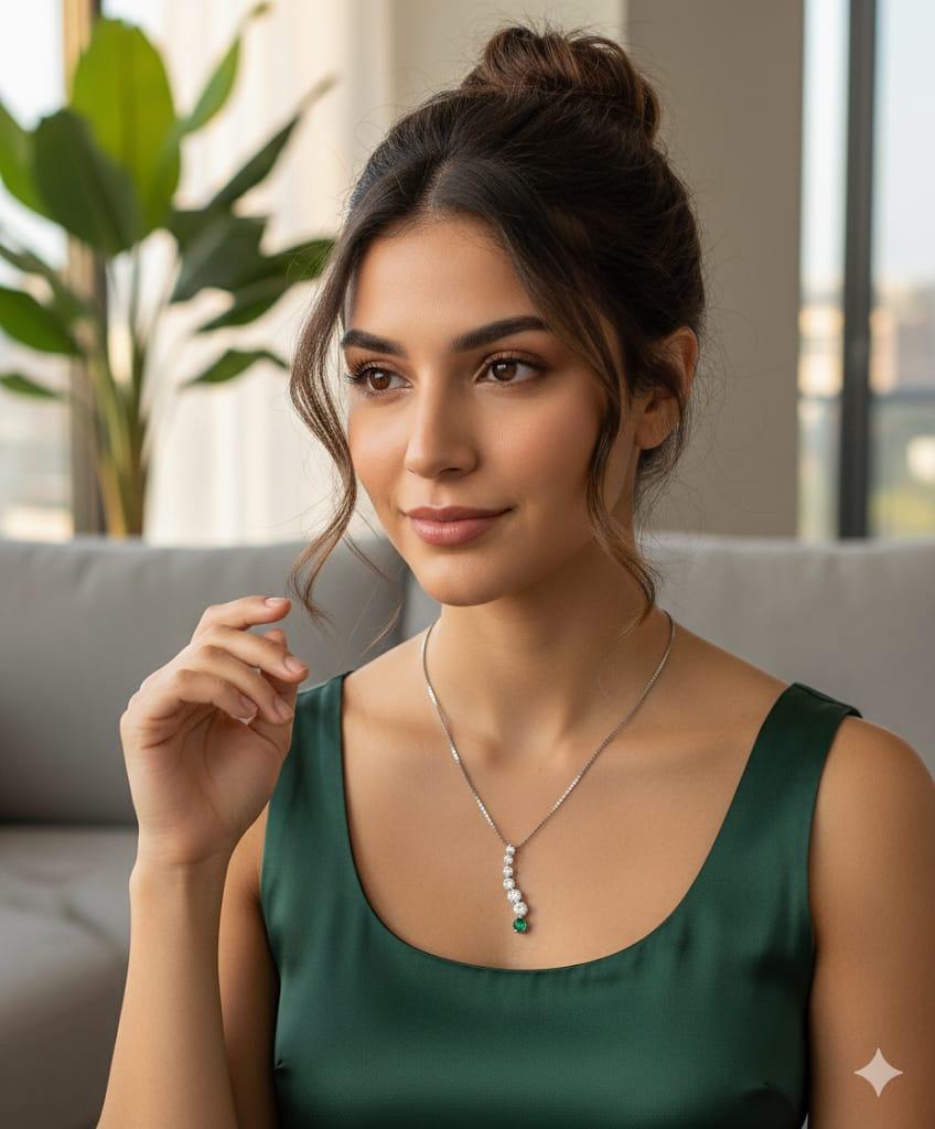 DIAMOND AND EMERALD JOURNEY PENDANT NECKLACE WHITE GOLD