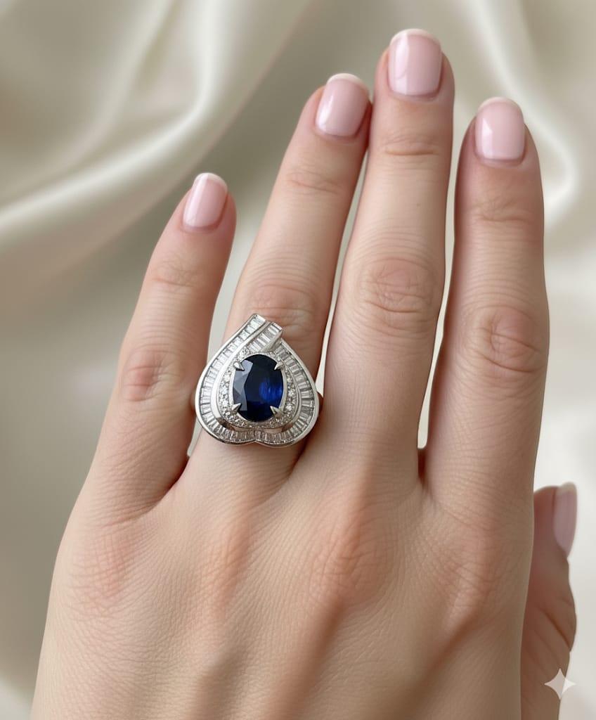 SAPPHIRE AND DIAMOND HEART SHAPED RING WHITE GOLD