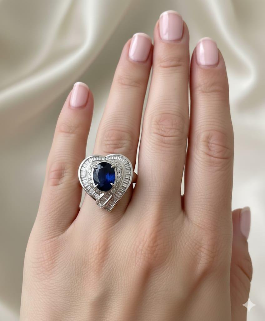 SAPPHIRE AND DIAMOND HEART SHAPED RING WHITE GOLD