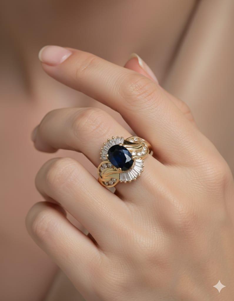 SAPPHIRE AND DIAMOND CLUSTER RING YELLOW GOLD