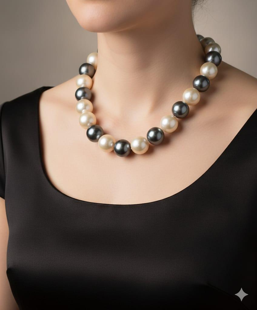 PEARL NECKLACE BLACK AND WHITE PEARLS WITH DIAMOND CLASP