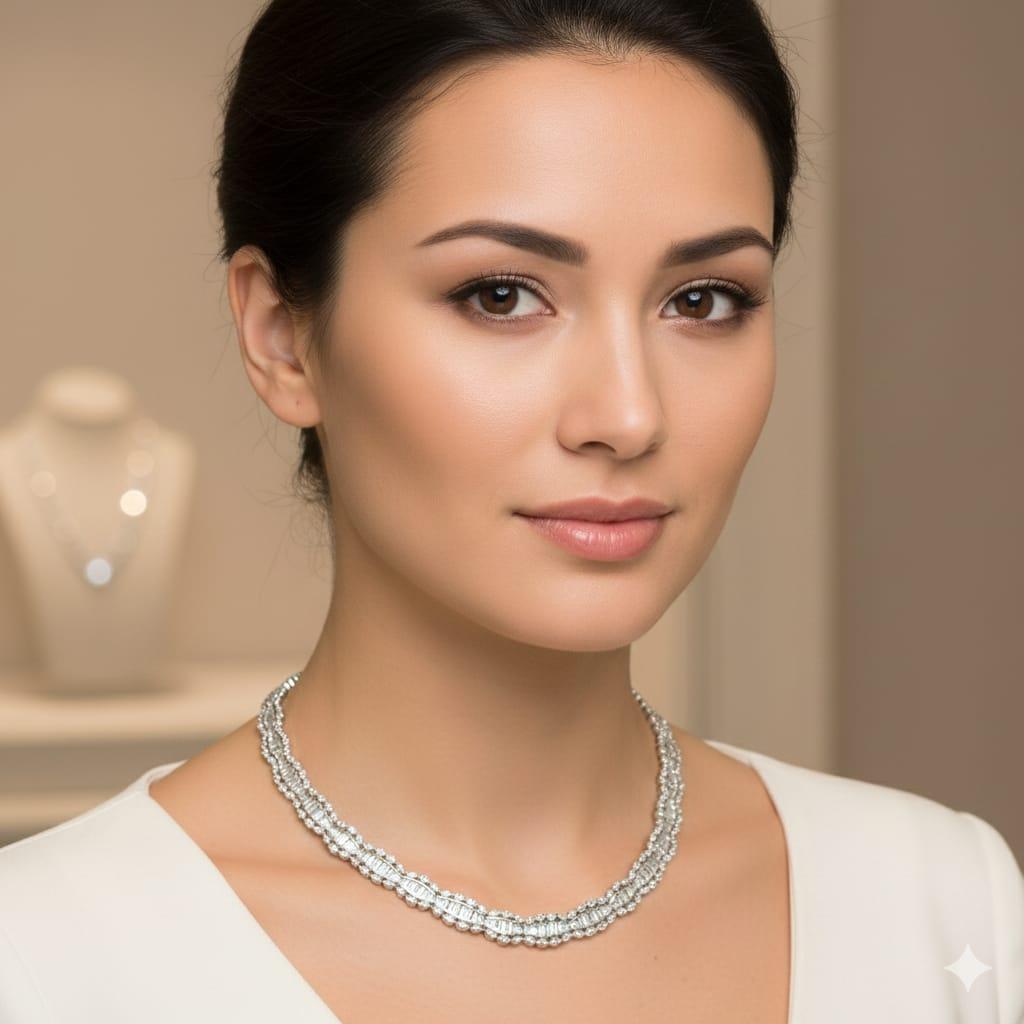 DIAMOND NECKLACE HALF DIAMONDS BAGUETTE AND MARQUISE 12.60CTW WHITE GOLD