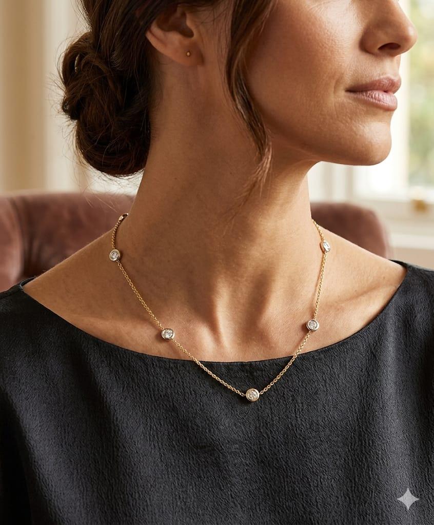 DIAMOND BY THE YARD NECKLACE CHAIN YELLOW GOLD WITH WHITE GOLD BEZELS