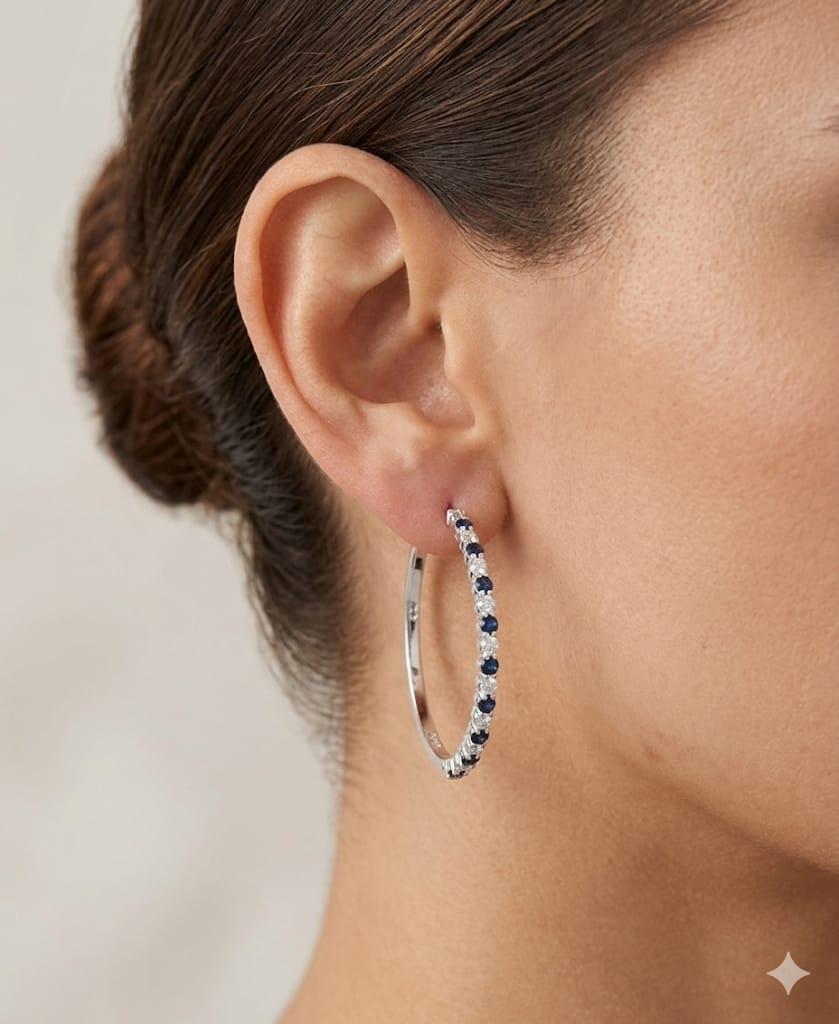 DIAMOND AND SAPPHIRE THIN HOOP EARRINGS WHITE GOLD