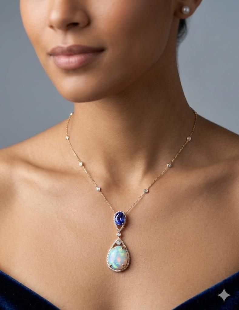 OPAL TANZANITE AND DIAMOND PENDANT NECKLACE YELLOW GOLD