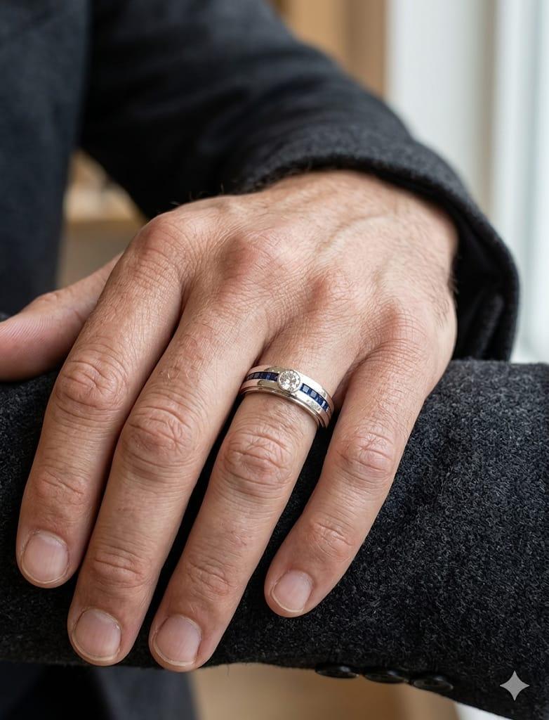 DIAMOND AND SAPPHIRE MEN'S  BAND RING PLATINUM