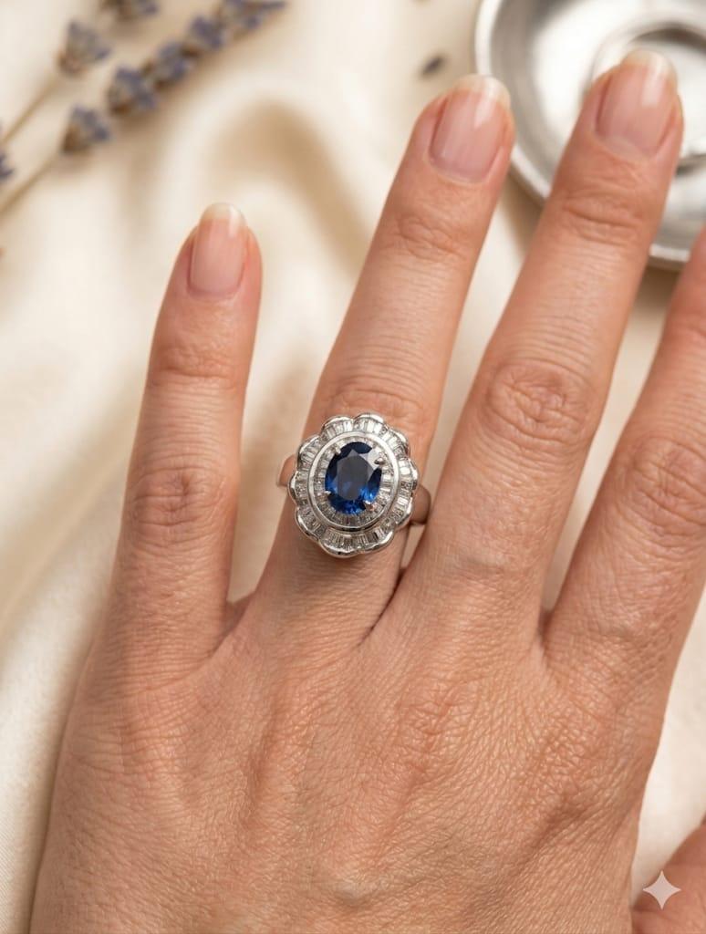 SAPPHIRE AND DIAMOND CLUSTER RING WHITE GOLD