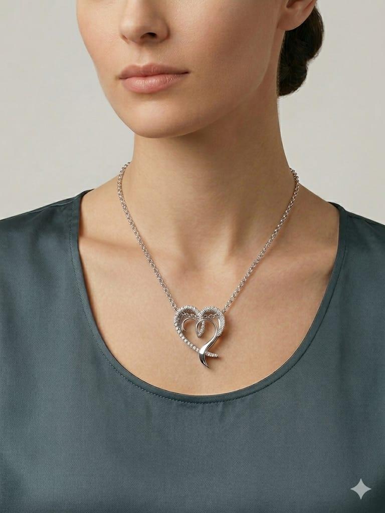 LARGE DIAMOND HEART SHAPE BROOCH PENDANT NECKLACE 2.56CTW WHITE GOLD