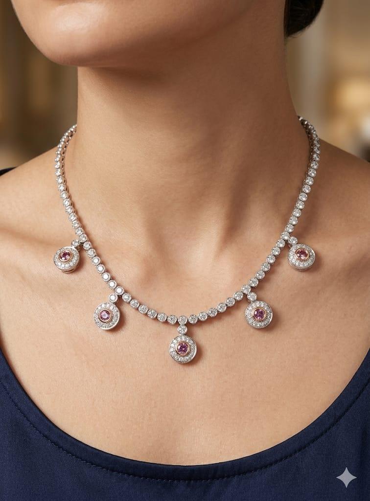 DIAMOND HALO DROP NECKLACE WITH PINK DIAMONDS WHITE GOLD