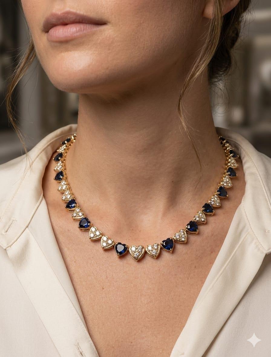 DIAMOND AND SAPPHIRE HEART SHAPED NECKLACE YELLOW GOLD