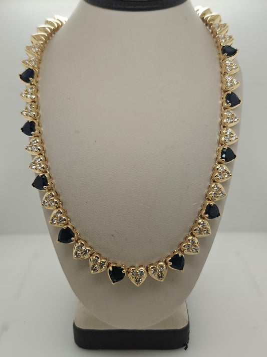 DIAMOND AND SAPPHIRE HEART SHAPED NECKLACE YELLOW GOLD